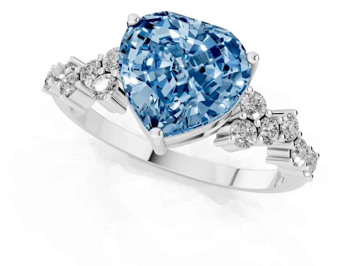 Fancy Blue Heart Cut Diamond Scattered Round Accent Ring with Prong Setting White gold
