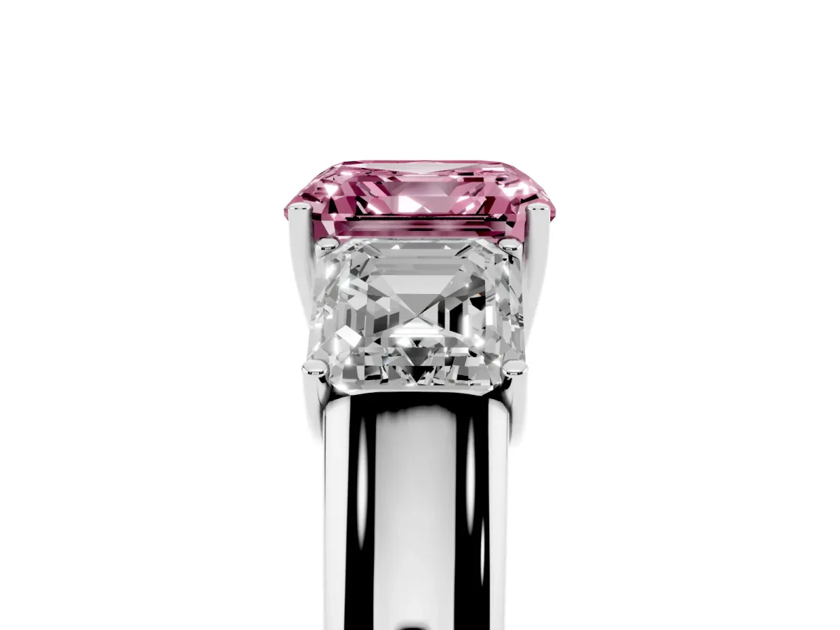 Fancy Pink Three-Stone Asscher Cut Cut Diamond Ring with Prong Setting and Classic Band Silver