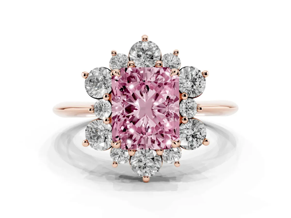 Fancy Pink Radiant Cut Diamond Cluster Halo Ring with Solitaire Band and Four-Prong Setting Rose gold