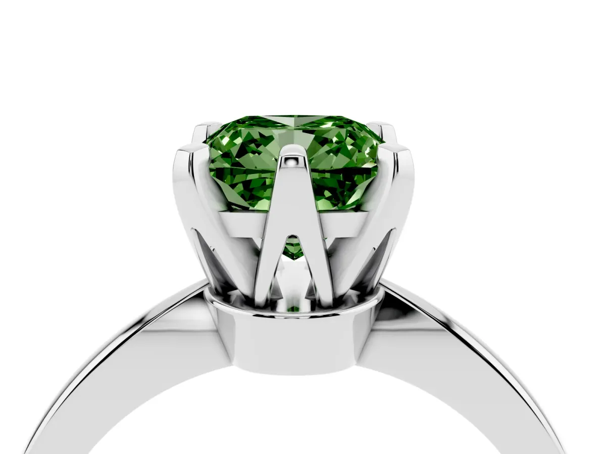 Fancy Green Cushion Cut Solitaire Engagement Ring with Six-Prong Setting and Tapered Band Platinum