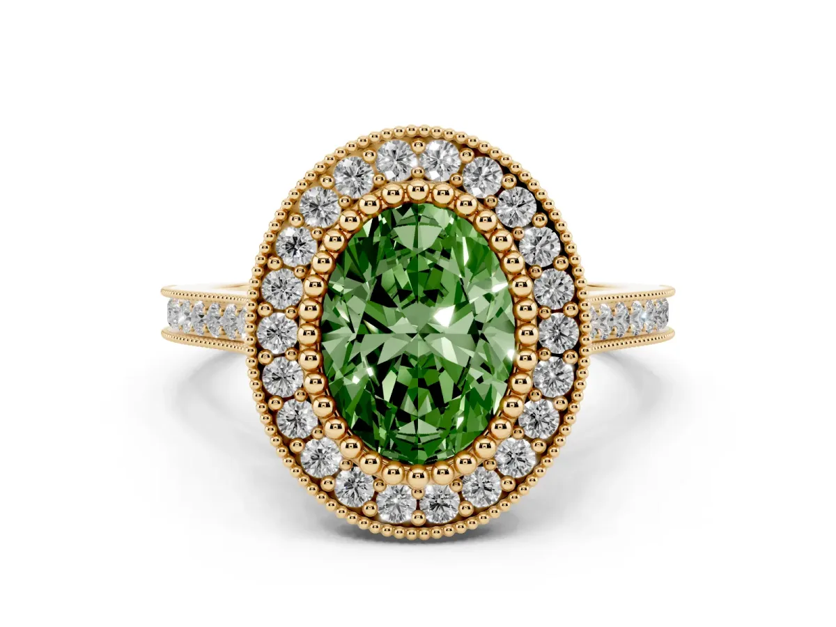 Fancy Green Oval Cut Diamond Halo Ring with Milgrain Frame and Pavé Band Yellow gold