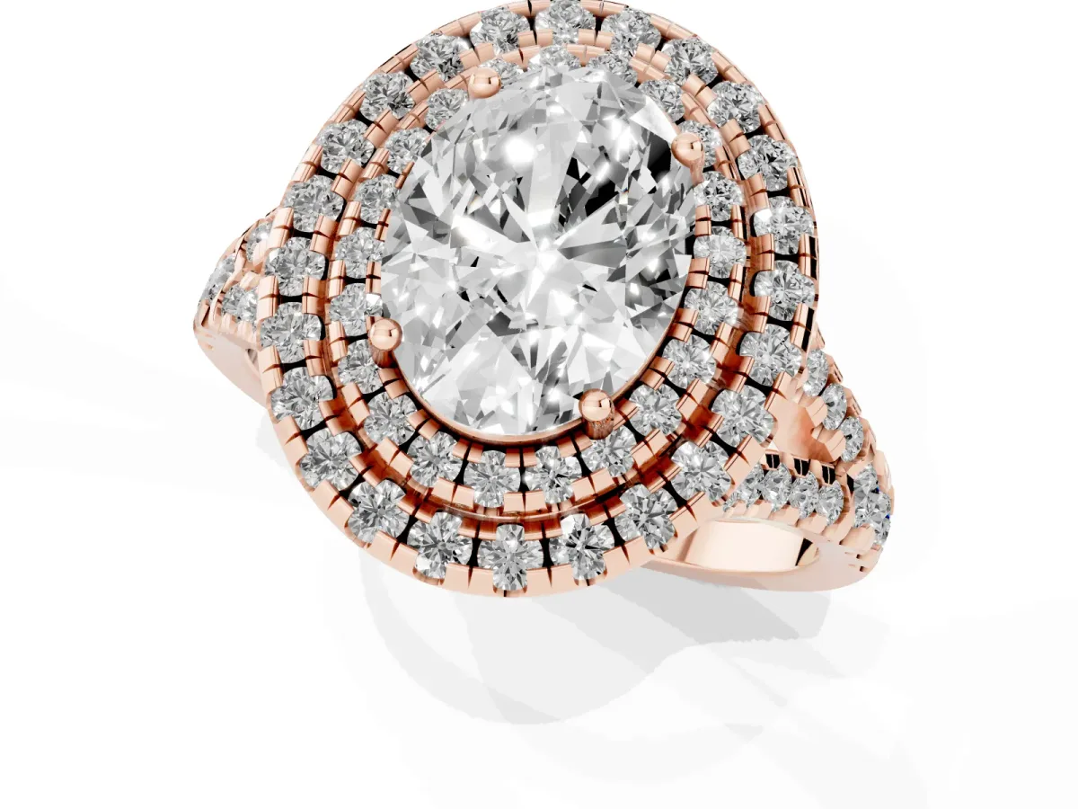 Double Halo Oval Cut Diamond Pavé Split Shank Ring with Prong Setting Rose gold