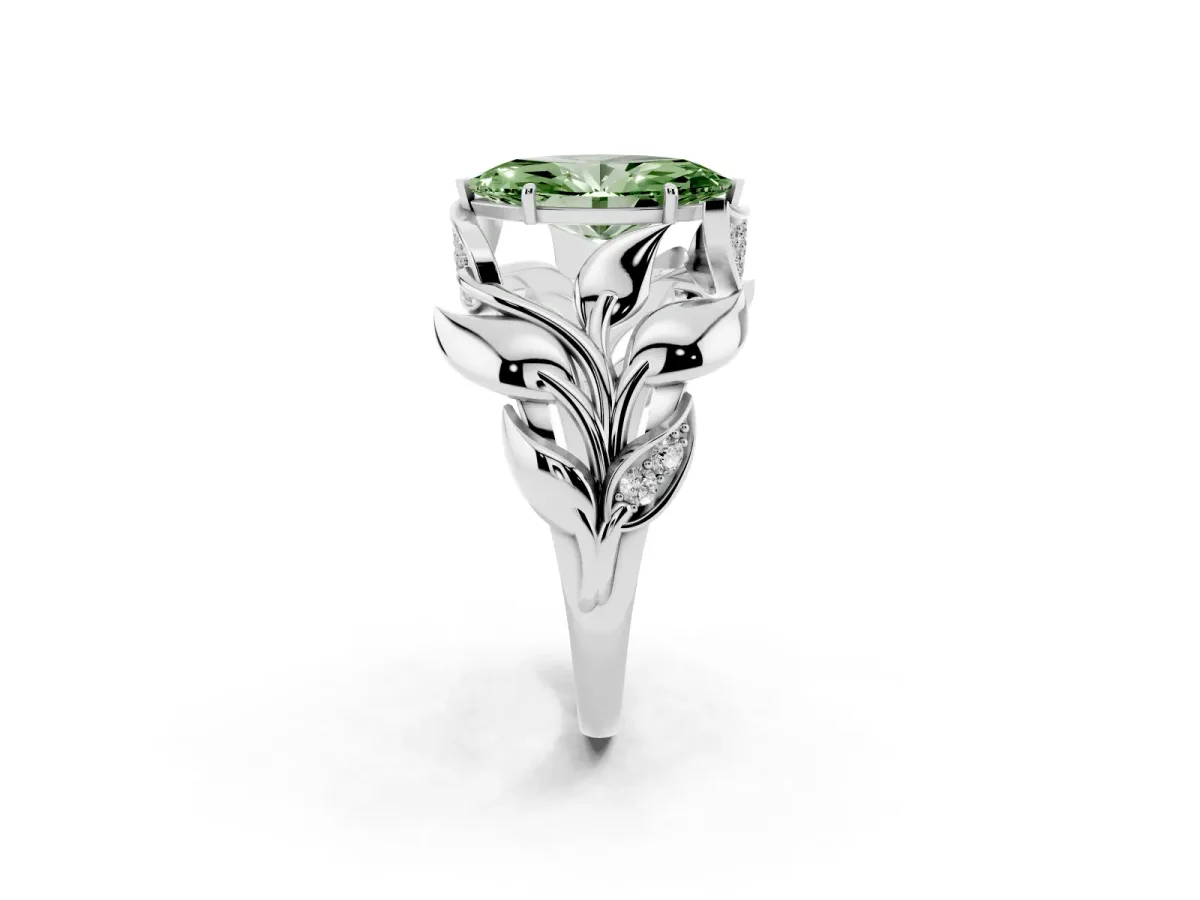 Fancy Green Marquise Cut Diamond Leaf-Inspired Engagement Ring with Round Accents and Prong Setting White gold