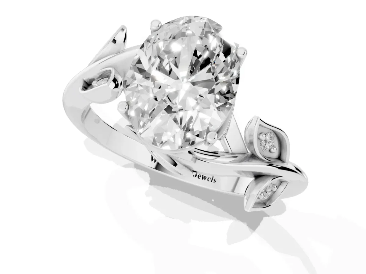 Oval Cut Solitaire Twist Engagement Ring with Leaf Accents and Prong Setting Silver