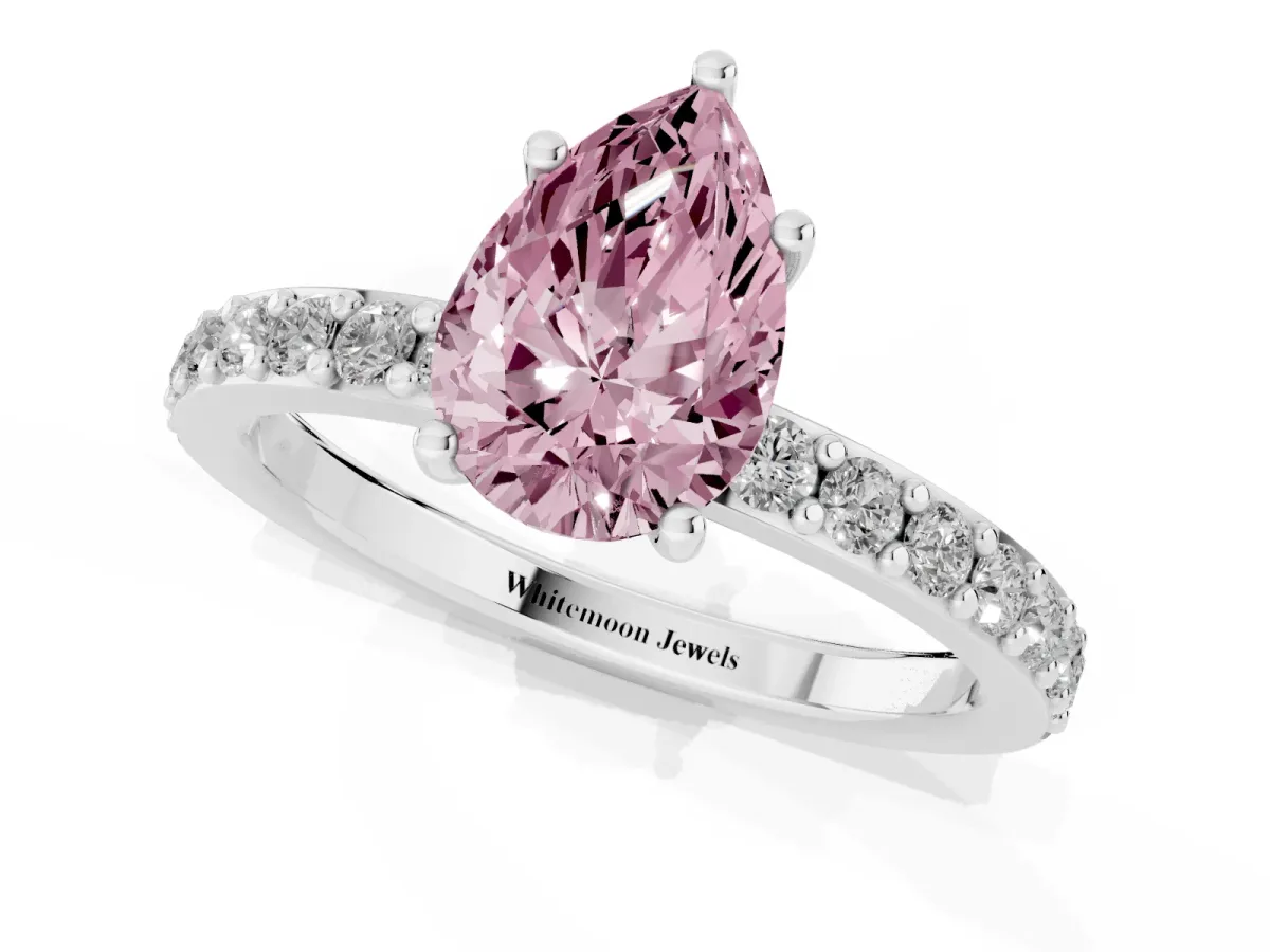 Fancy Pink Pear Cut Cut Diamond Solitaire with Pave Band and Four-Prong Setting Silver