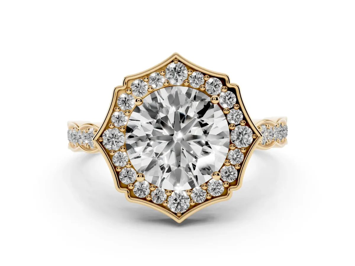Round Cut Halo Diamond Engagement Ring with Milgrain Band and Four-Prong Setting Yellow gold