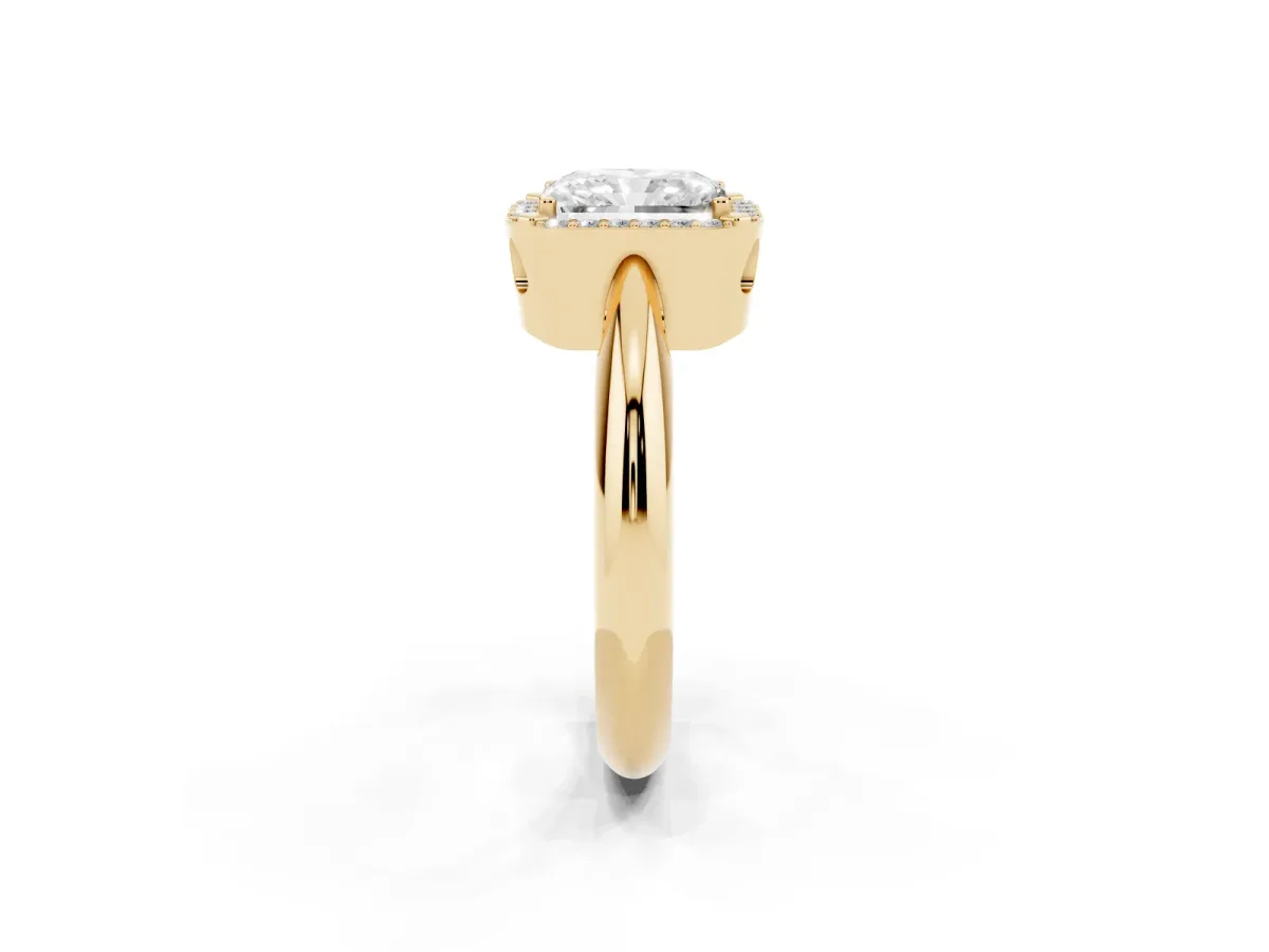 Radiant Cut Cut Diamond Halo Engagement Ring with Split Shank and Four-Prong Setting Yellow gold
