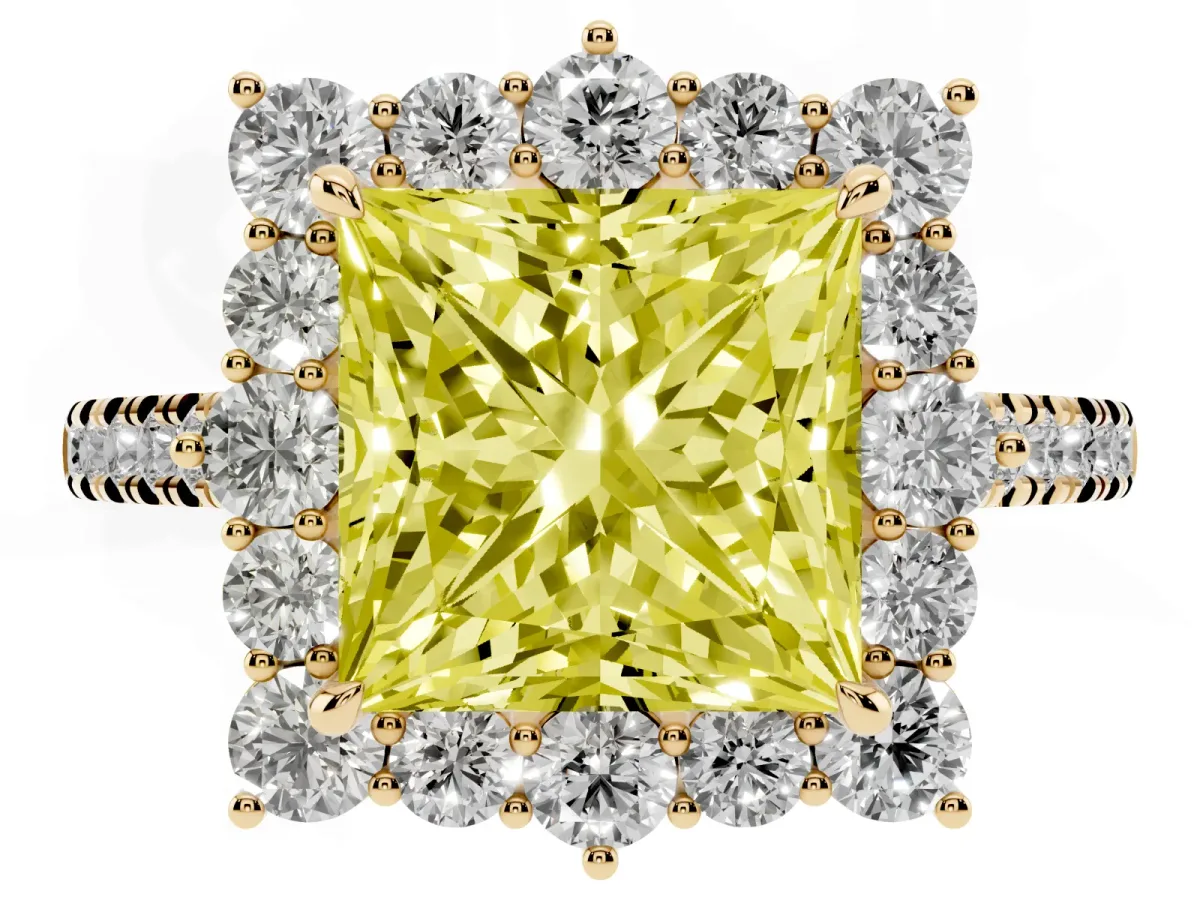Fancy Yellow Princess Cut Halo Diamond Ring with Pavé Band and Prong Setting Yellow gold
