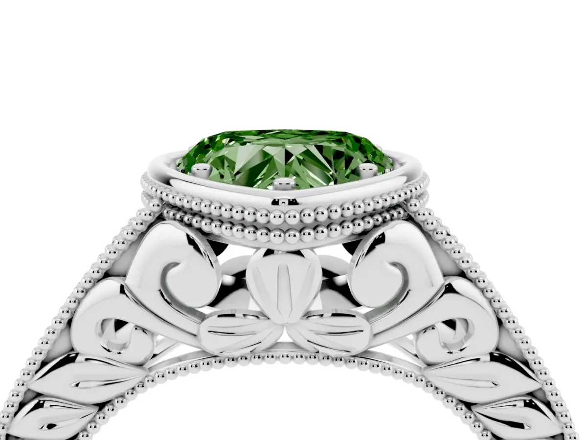 Fancy Green Bezel Set Heart Cut Diamond Milgrain Pave Engagement Ring Platinum