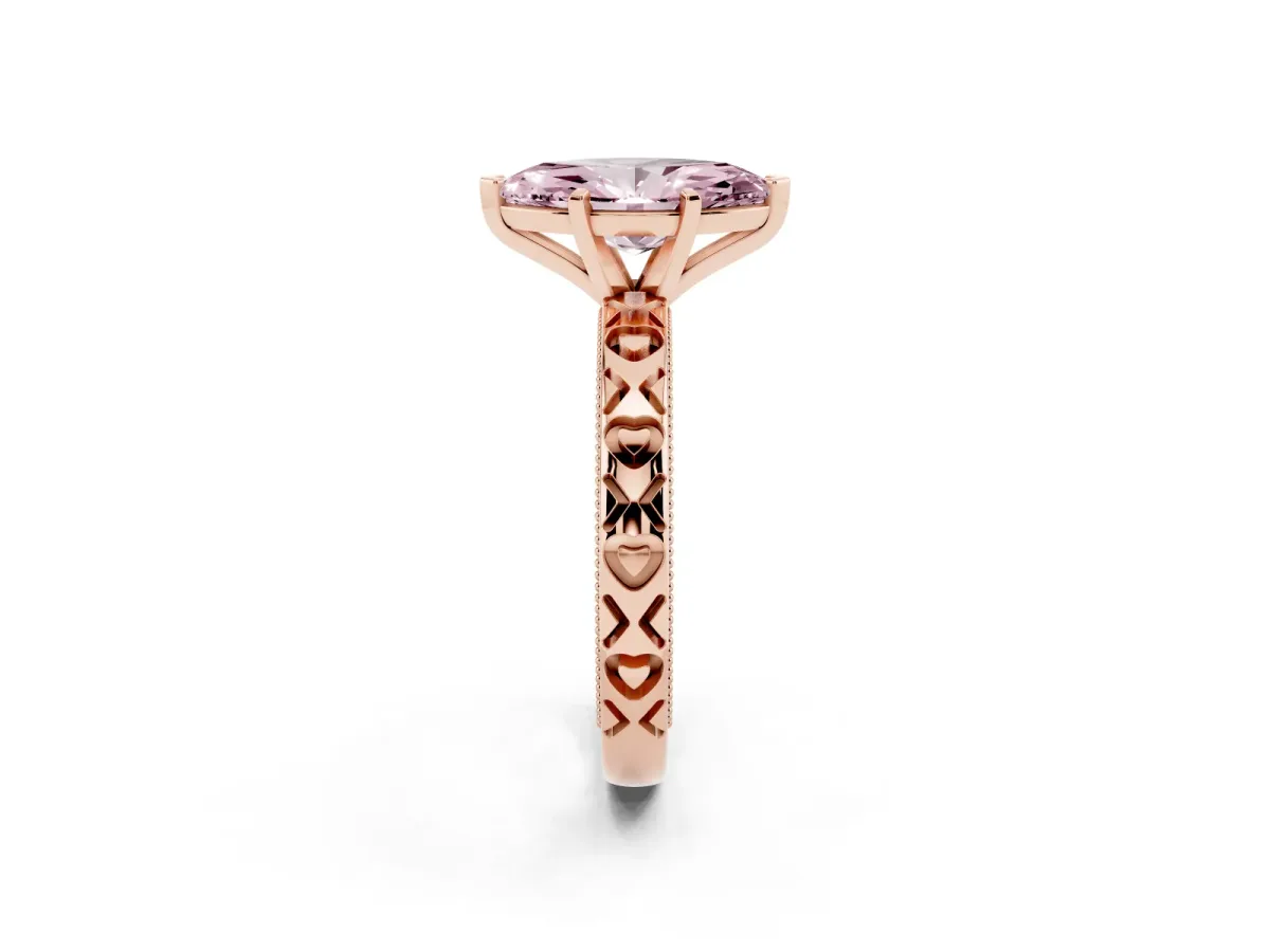 Fancy Pink Marquise Cut Solitaire Diamond Engagement Ring with XO Engraved Band and Four-Prong Setting Rose gold