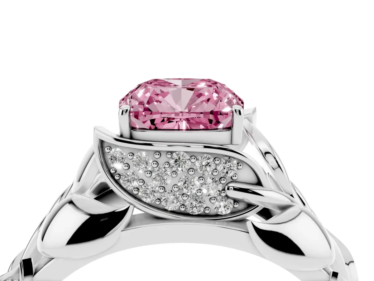Fancy Pink Cushion Cut Diamond Leaf-Inspired Engagement Ring with Round Accents and Prong Setting Platinum
