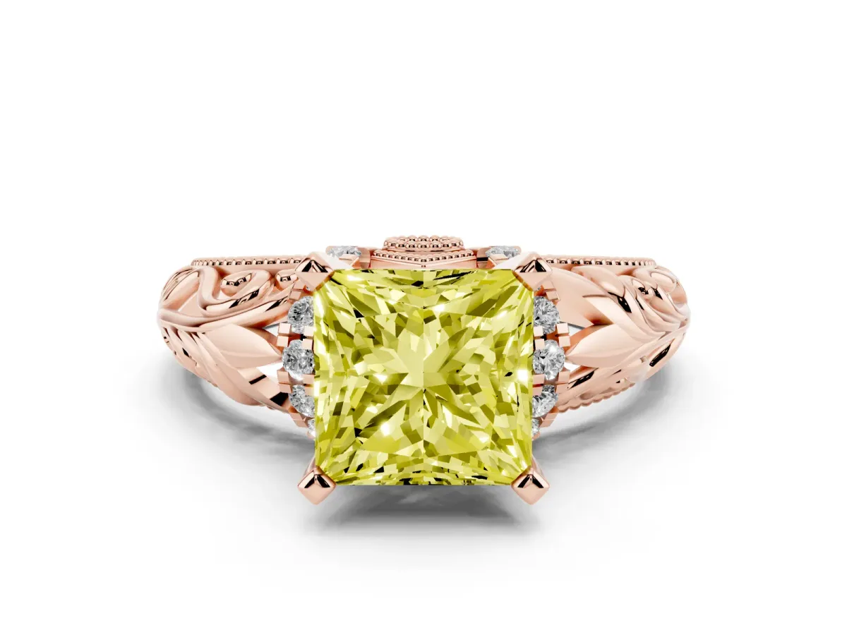 Fancy Yellow Princess Cut Solitaire Filigree Engagement Ring with Halo and Prong Setting Rose gold