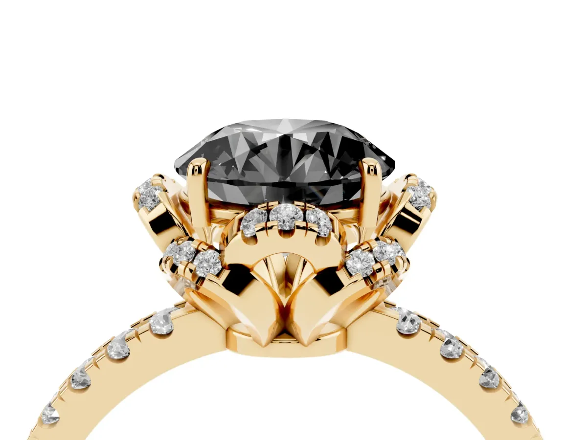 Fancy Black Round Cut Diamond Halo Pave Band with Four-Prong Setting Yellow gold