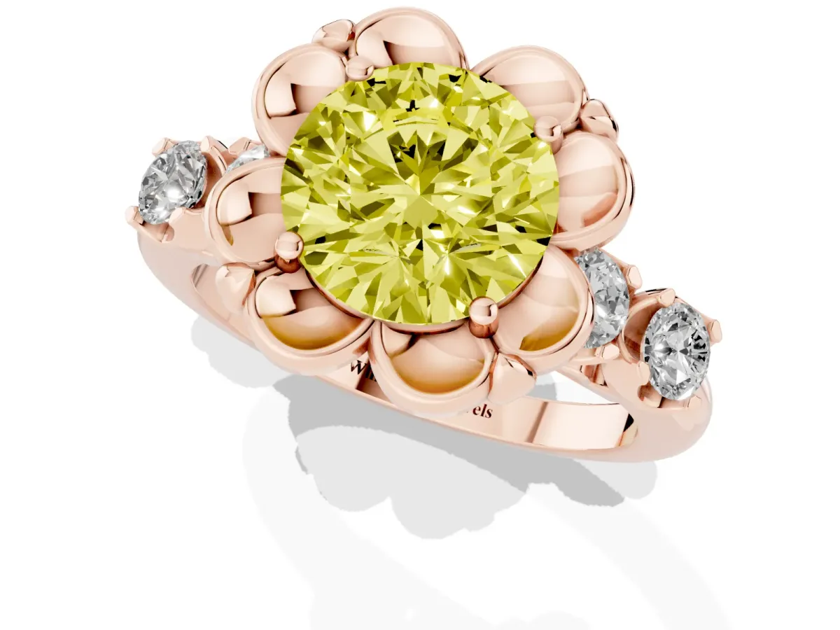 Fancy Yellow Round Cut Cut Diamond Floral Halo Engagement Ring with Shared Prong Setting Rose gold
