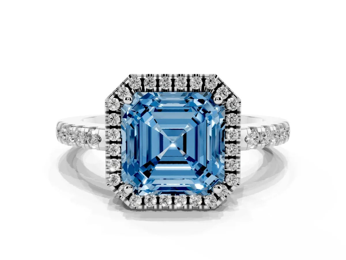 Fancy Blue Asscher Cut Halo Diamond Engagement Ring with Pavé Band and Four-Prong Setting Platinum