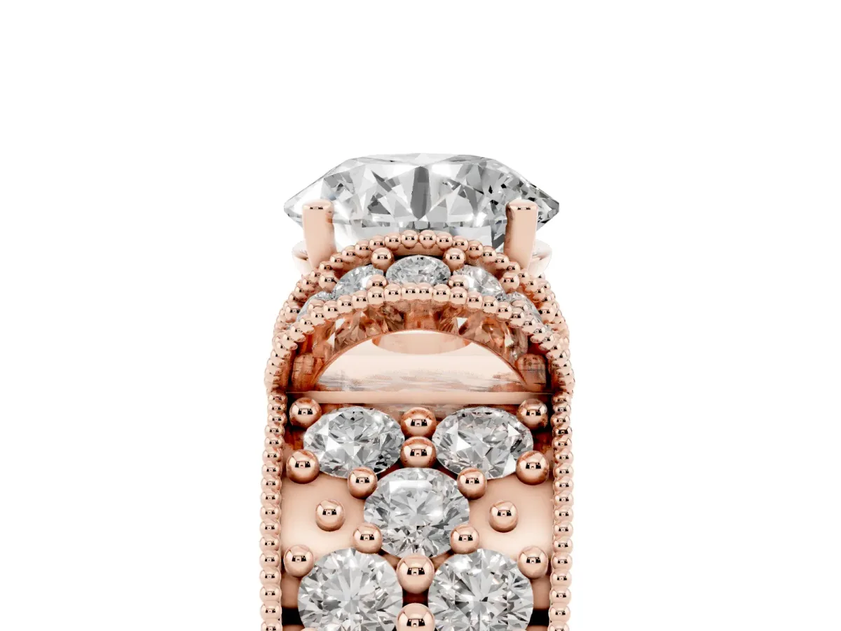 Round Cut Halo Pave Diamond Engagement Ring with Milgrain Detailing Rose gold