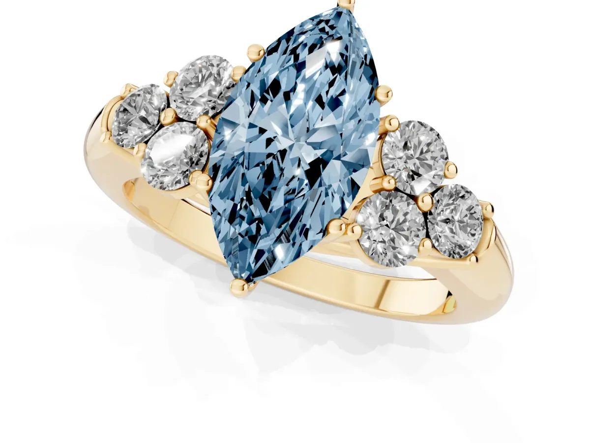 Fancy Blue Marquise Cut Cut Diamond Cluster Ring with Round Accent Stones and Prong Setting on a Classic Band Yellow gold
