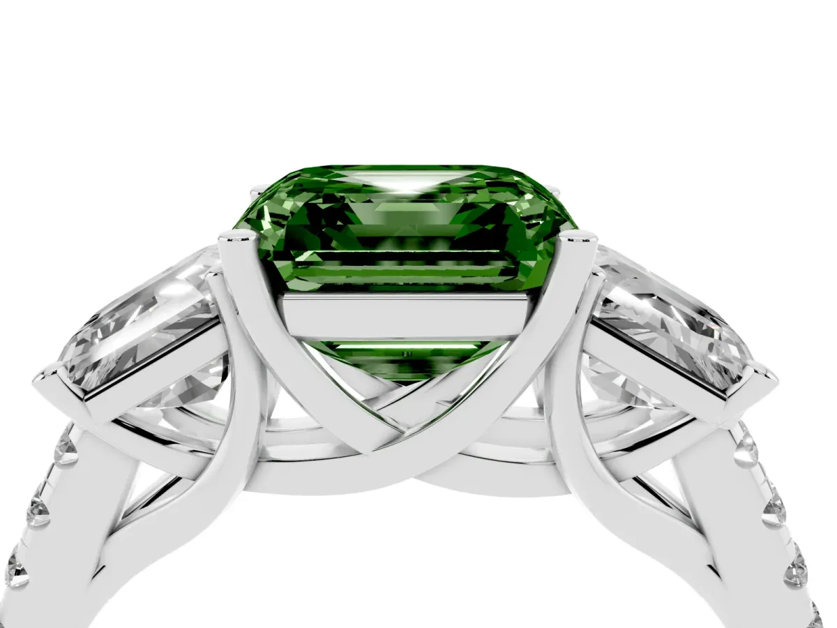 Fancy Green Three-Stone Asscher Cut Diamond Ring with Round Pavé Band and Prong Setting Silver