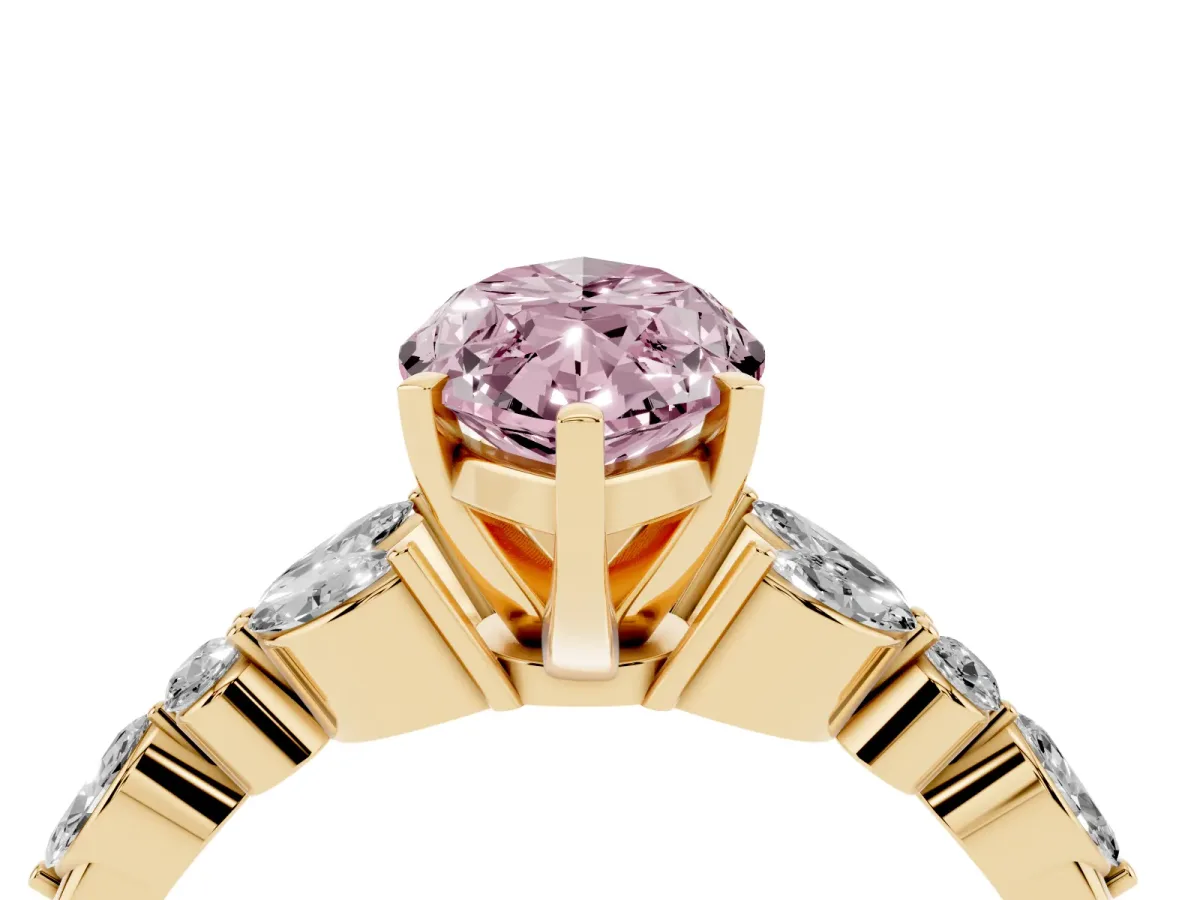 Fancy Pink Marquise Cut Diamond Solitaire Ring with Side Stones and Four-Prong Setting Yellow gold