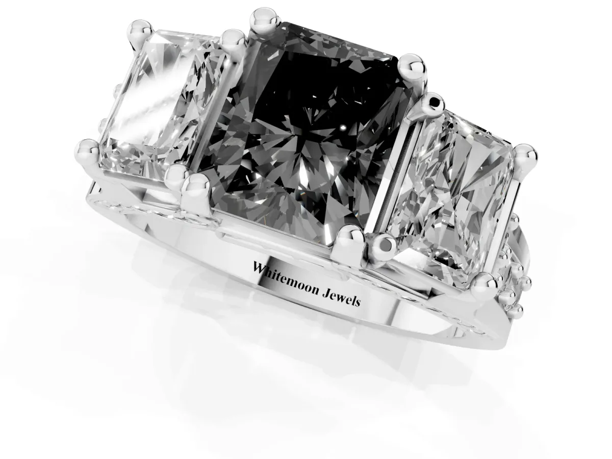 Fancy Black Radiant Cut Diamond Three-Stone Ring with Channel Set Band and Four-Prong Setting Platinum