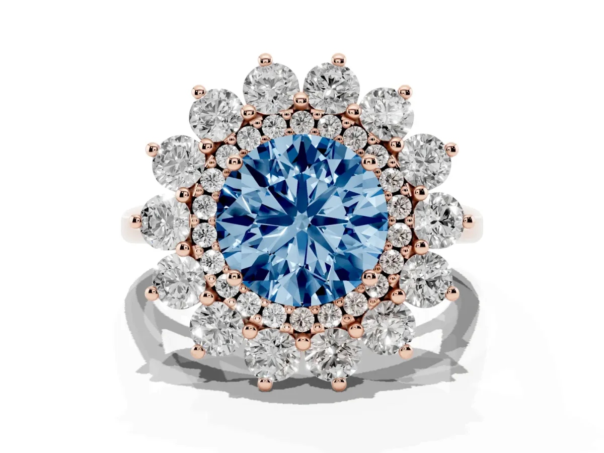 Fancy Blue Round Cut Diamond Floral Double Halo Engagement Ring with Prong Setting Rose gold