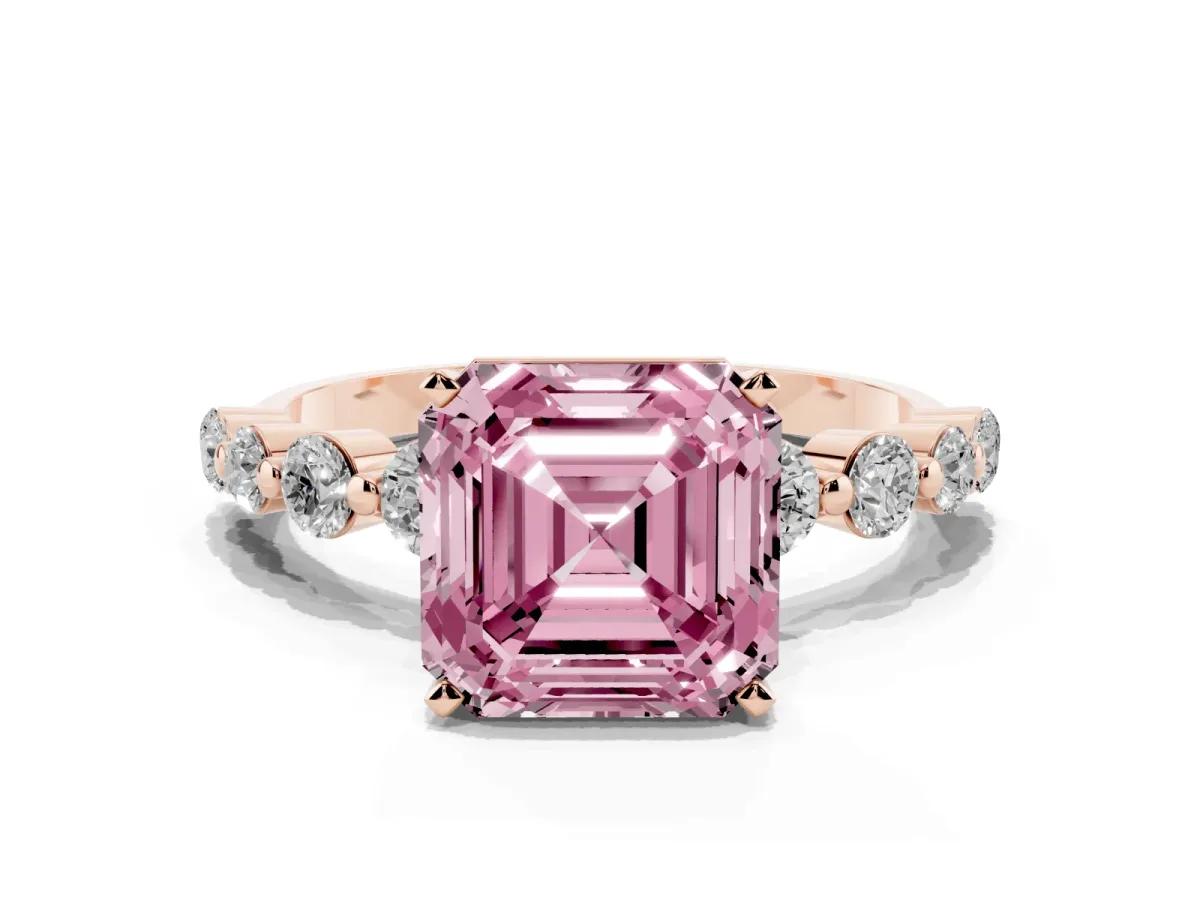 Fancy Pink Asscher Cut Solitaire Diamond Ring with Pave Band and Four-Prong Setting Rose gold