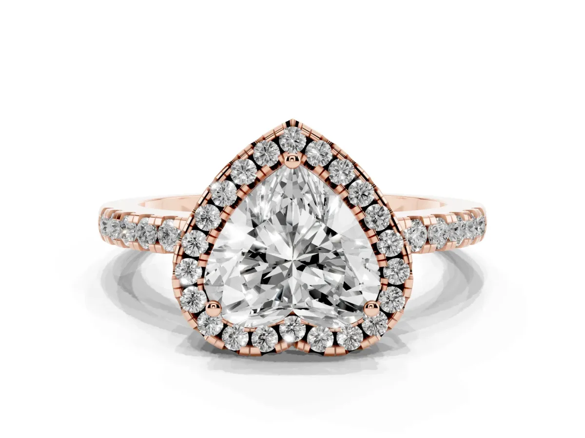 Heart Cut Halo Diamond Engagement Ring with Pavé Band and Four-Prong Setting Rose gold