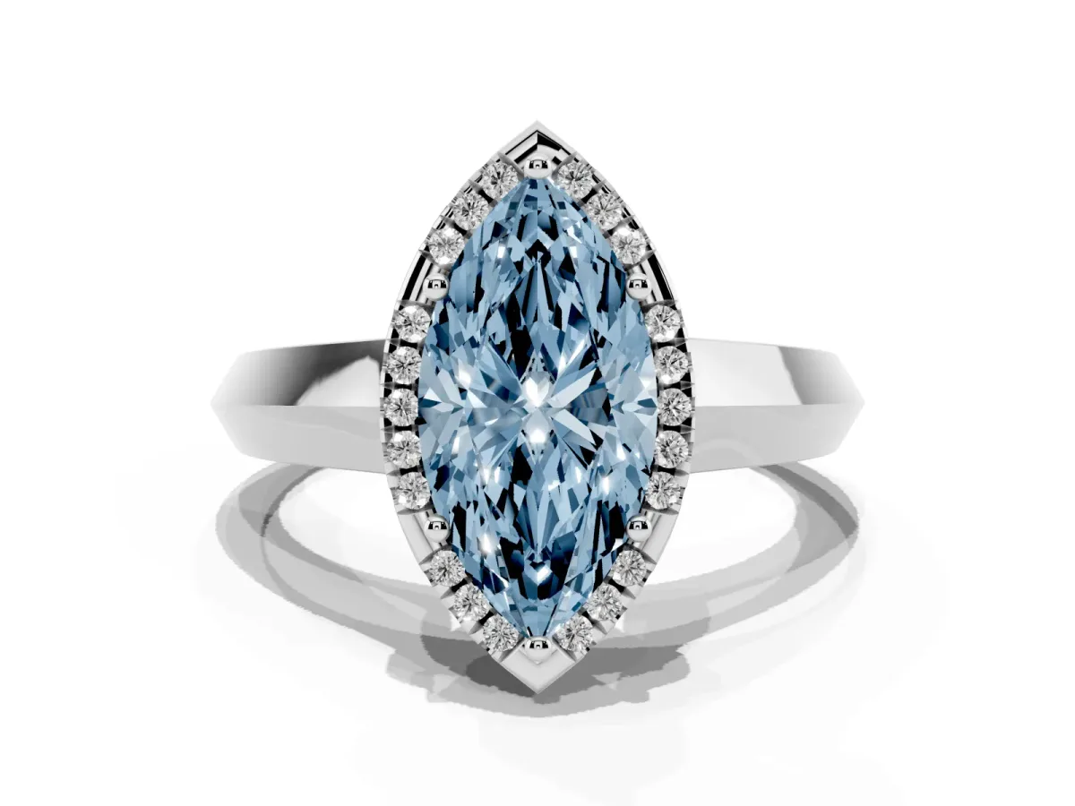 Fancy Blue Marquise Cut Halo Diamond Ring with Cathedral Band and Four-Prong Setting White gold