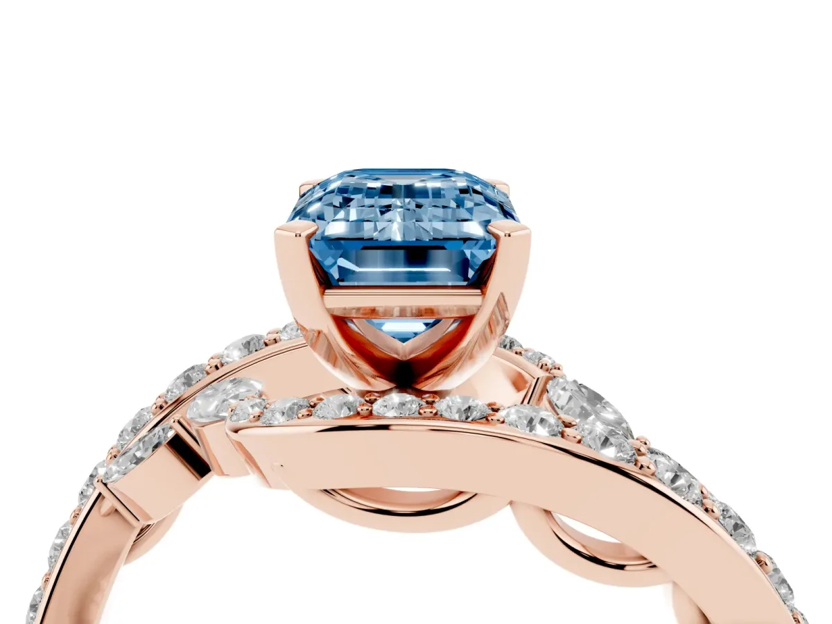 Fancy Blue Emerald Cut Solitaire with Pavé Twist Band and Four-Prong Setting Rose gold