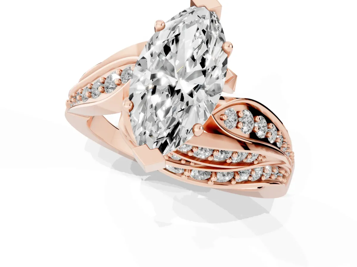 Marquise Cut Diamond Solitaire Ring with Prong Setting and Twisted Pavé Band Rose gold