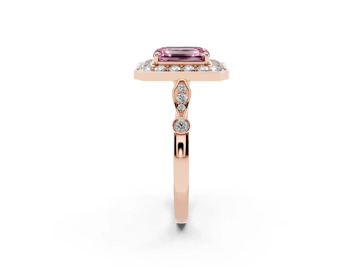 Fancy Pink Emerald Cut Halo Diamond Engagement Ring with Twisted Band and Four-Prong Setting Rose gold