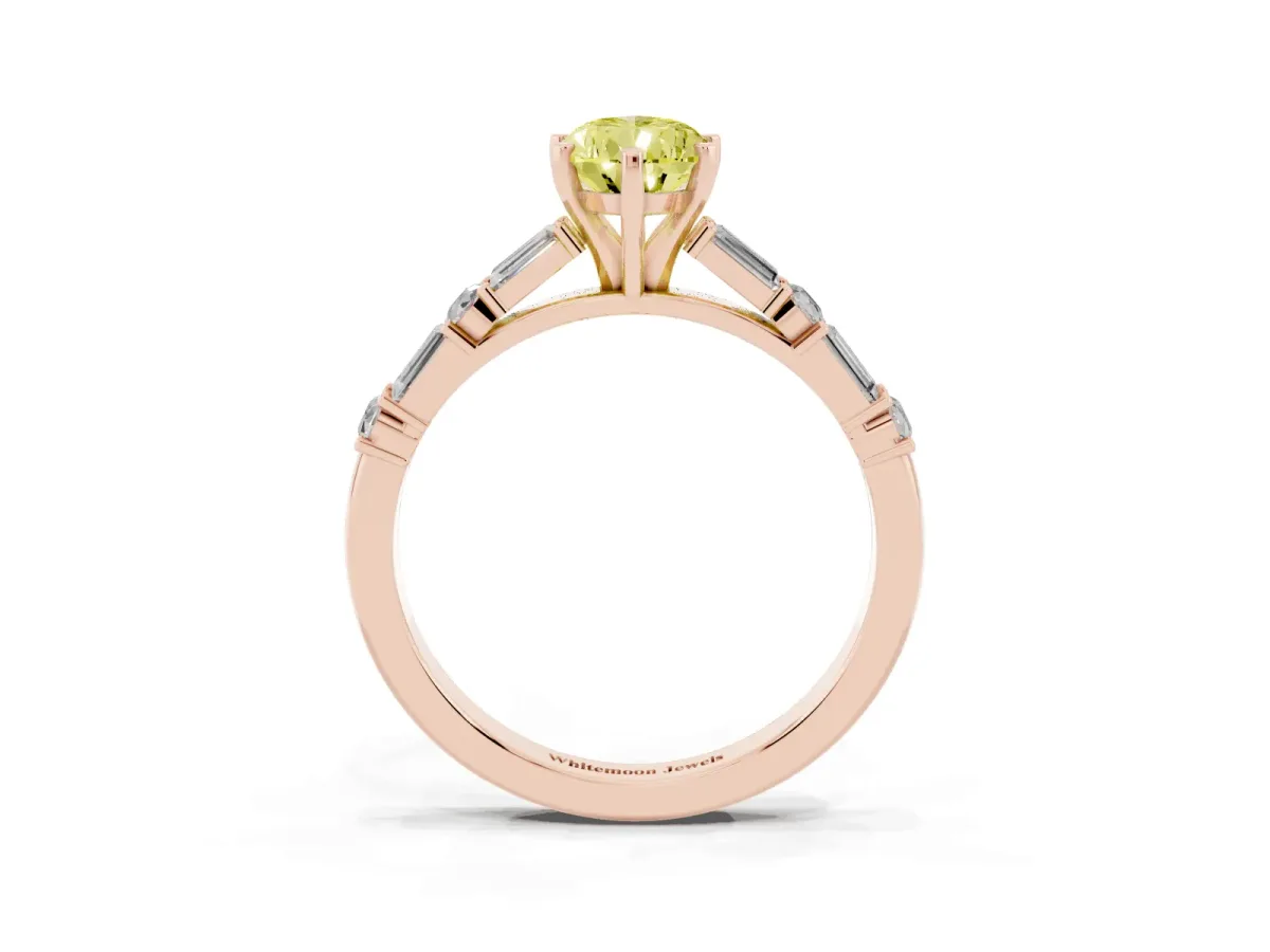Fancy Yellow Pear Cut Diamond Solitaire with Side Baguettes and Channel Set Band Rose gold