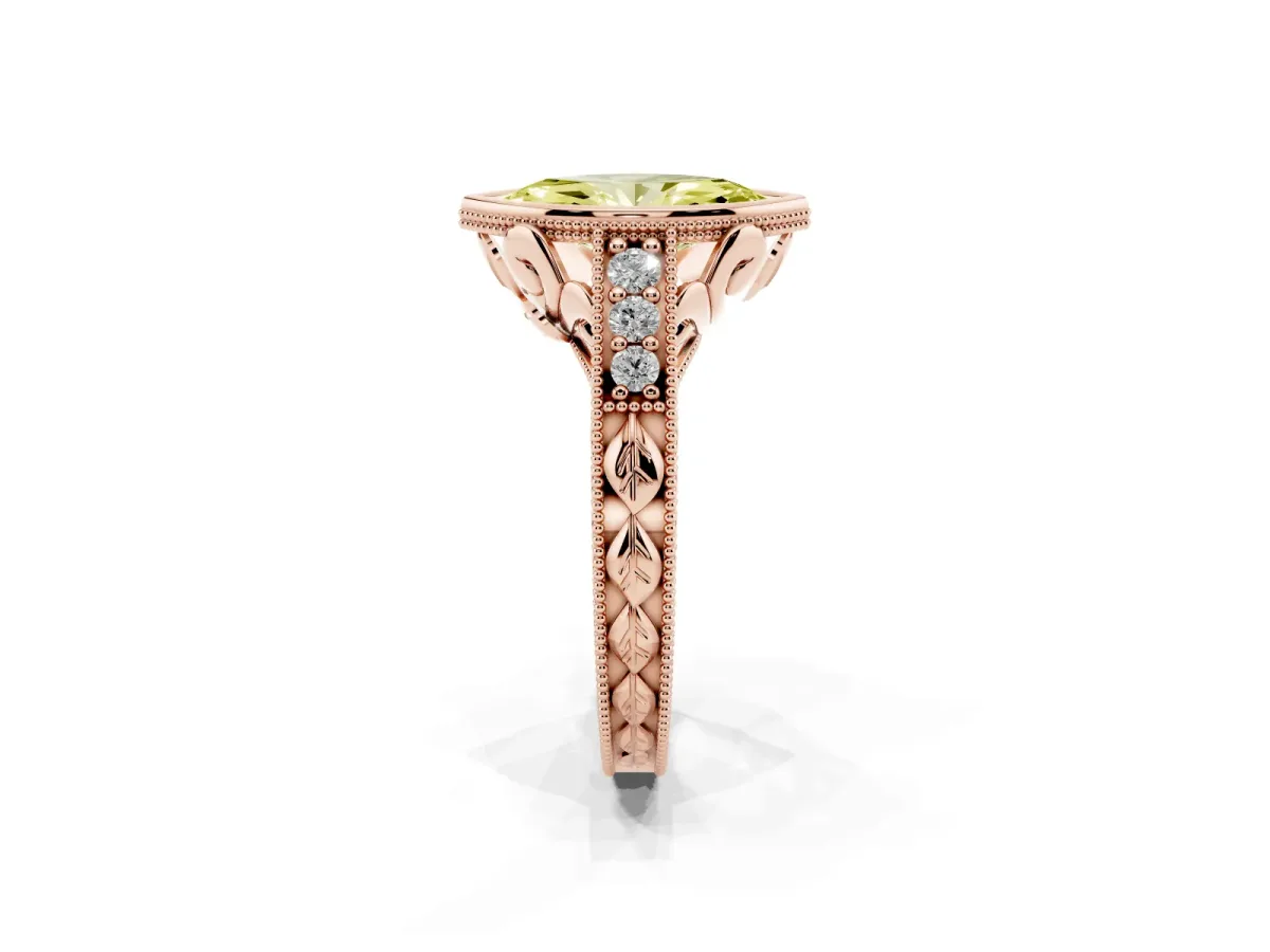 Fancy Yellow Bezel Set Marquise Cut Diamond Milgrain Pave Engagement Ring Rose gold