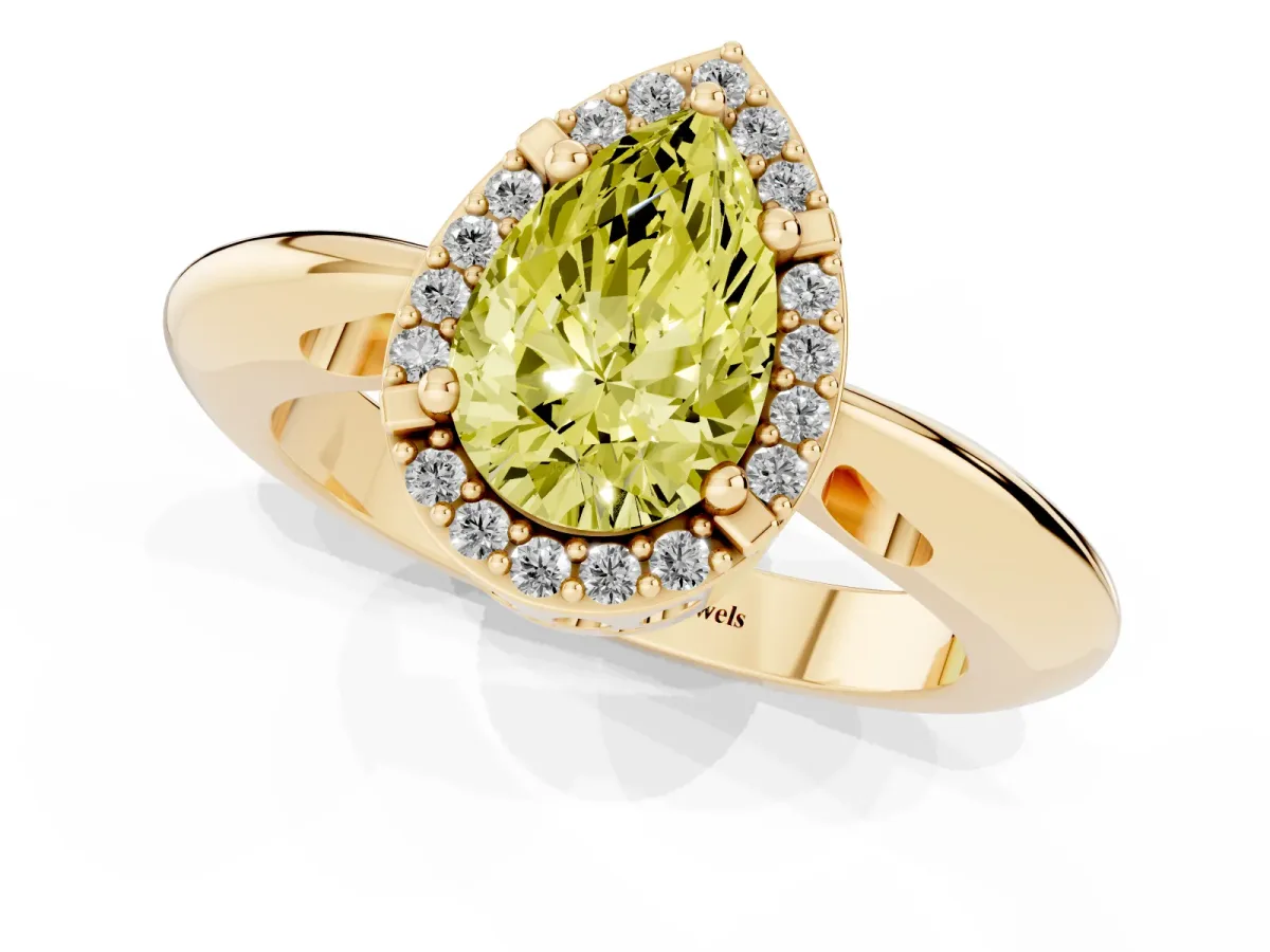 Fancy Yellow Pear Cut Cut Diamond Halo Engagement Ring with Split Shank and Four-Prong Setting Yellow gold