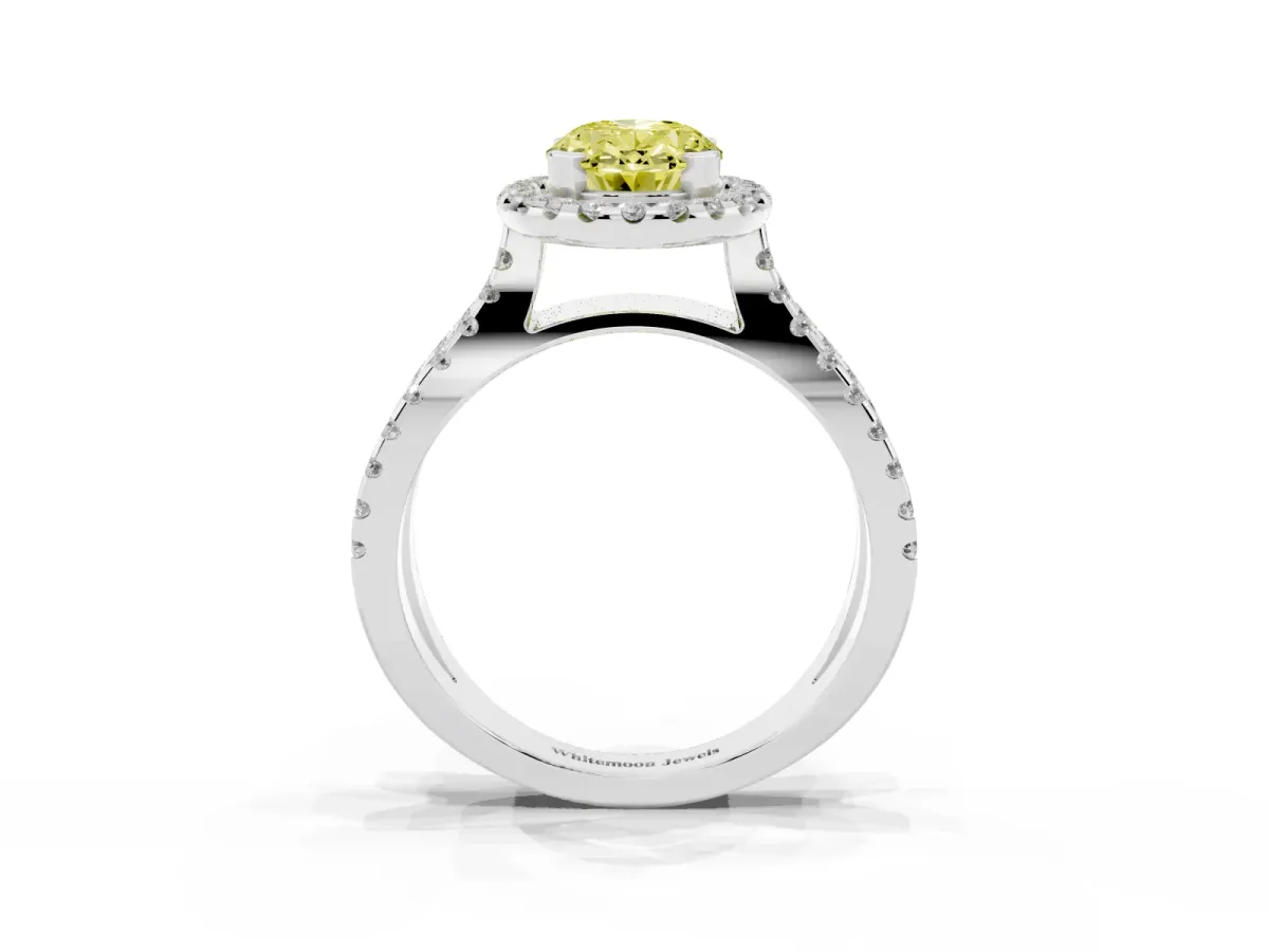 Fancy Yellow Oval Cut Diamond Halo Ring with Split Shank Pavé Band and Prong Setting Silver