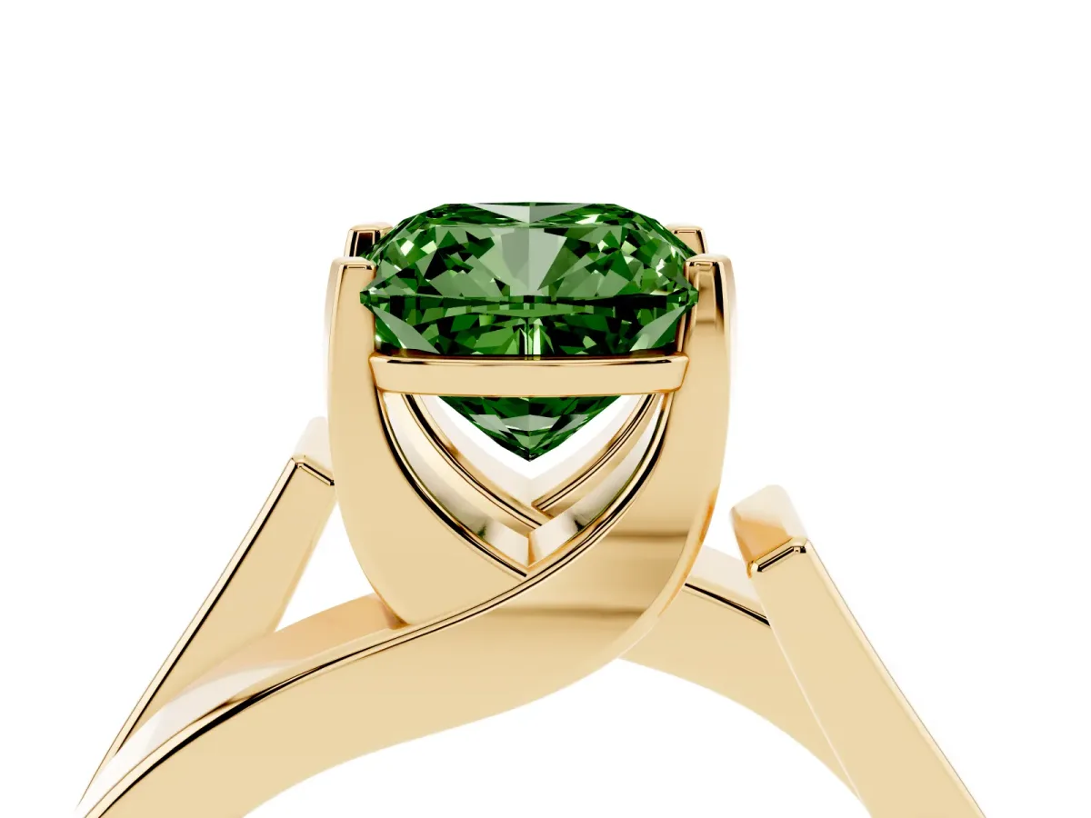Fancy Green Modern Tension Set Cushion Cut Diamond Solitaire Wide Band Ring Yellow gold