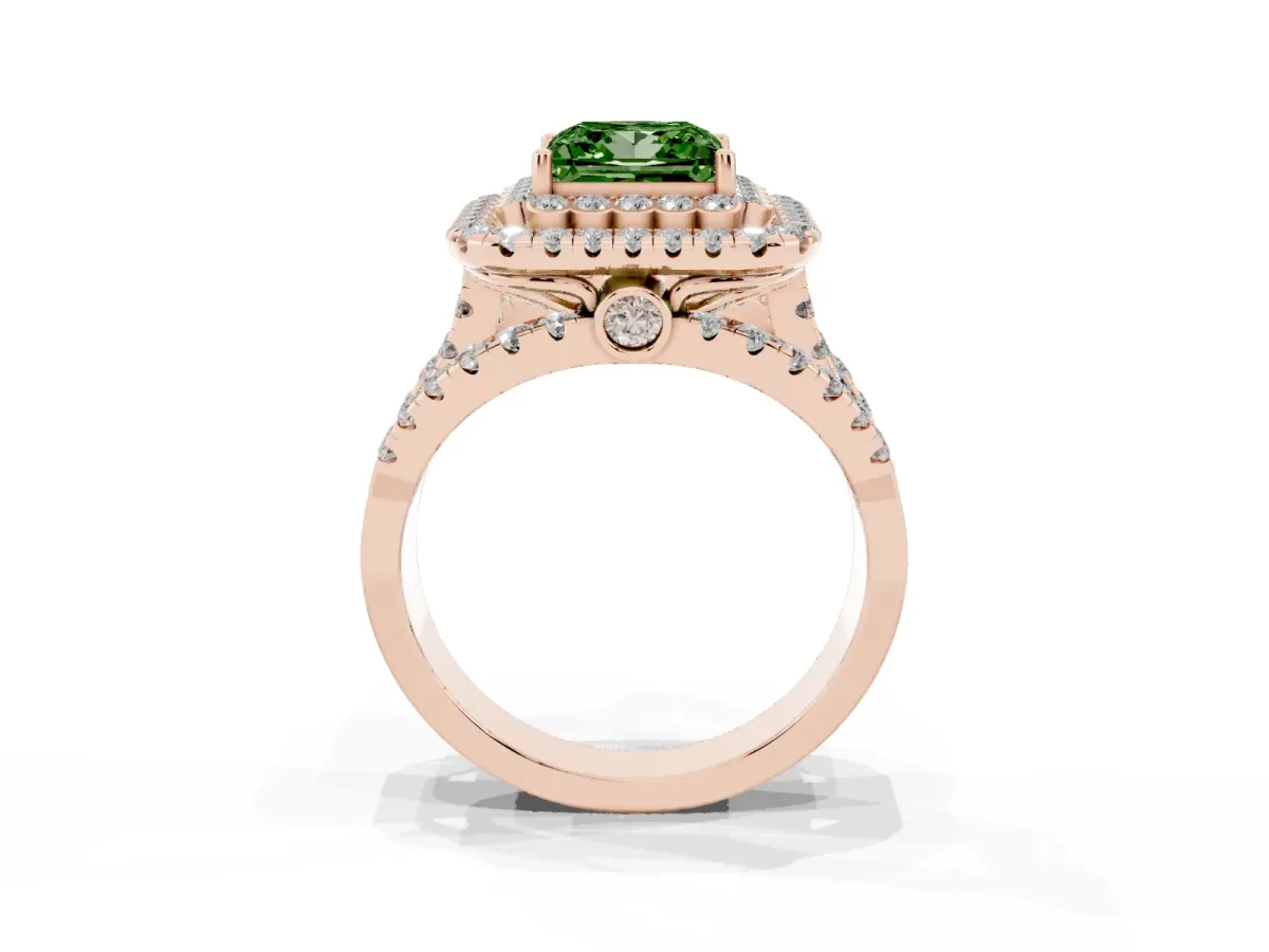 Fancy Green Princess Cut Diamond Double Halo Ring with Round Pavé Split Shank and Prong Setting Rose gold