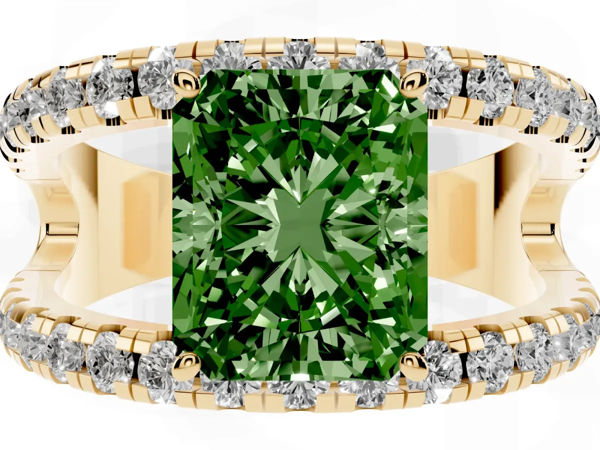 Fancy Green Radiant Cut Solitaire Split Shank Pave Diamond Ring Yellow gold