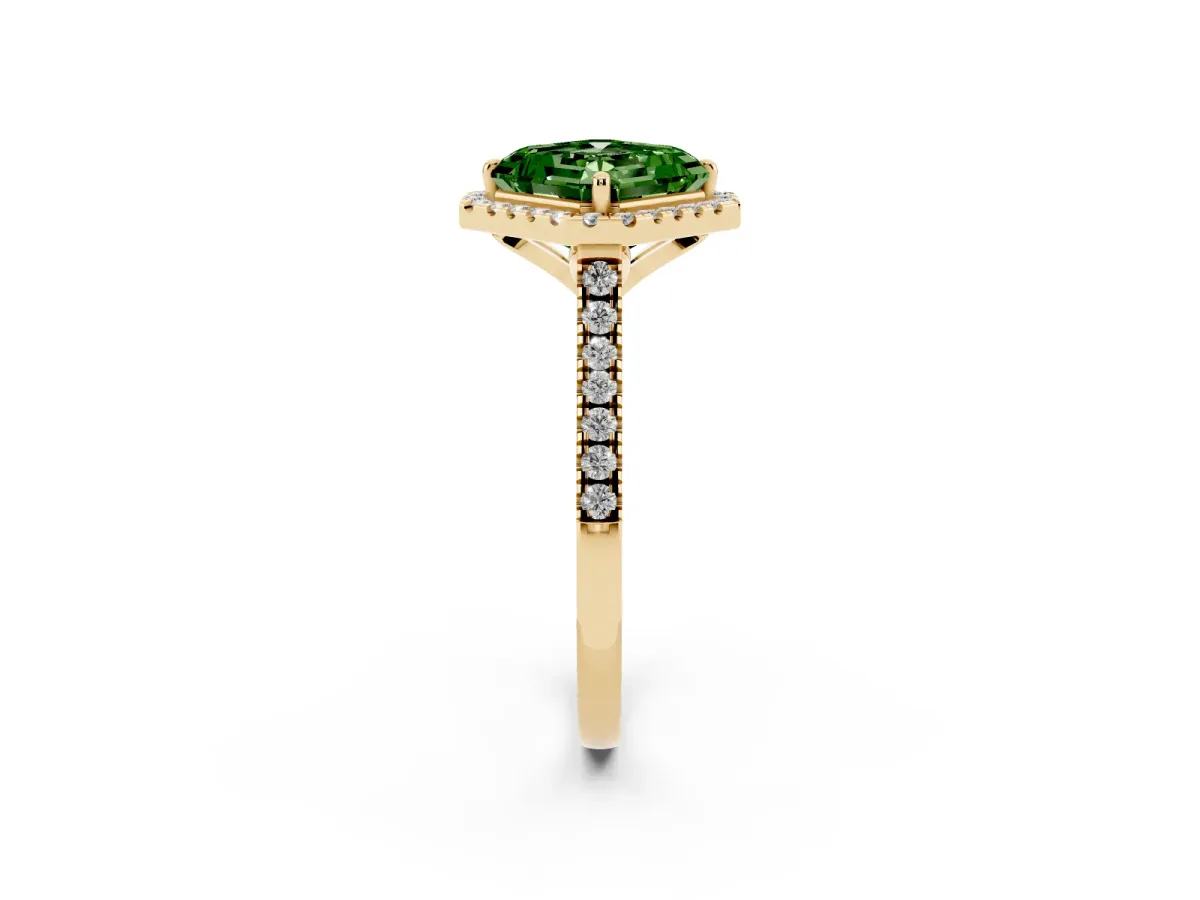 Fancy Green Asscher Cut Diamond Cushion Halo Ring with Pavé Band Yellow gold
