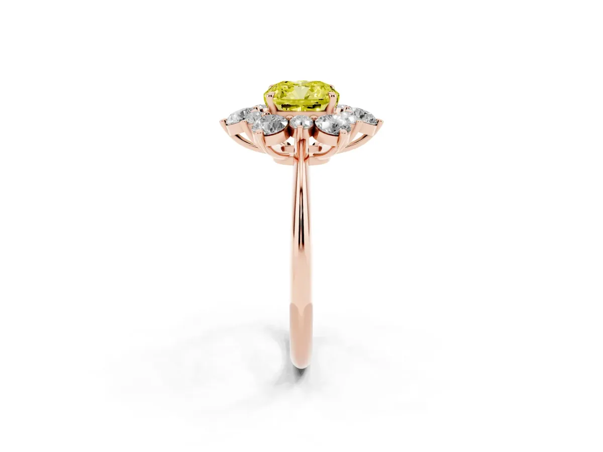 Fancy Yellow Cushion Cut Diamond Cluster Halo Ring with Solitaire Band and Four-Prong Setting Rose gold