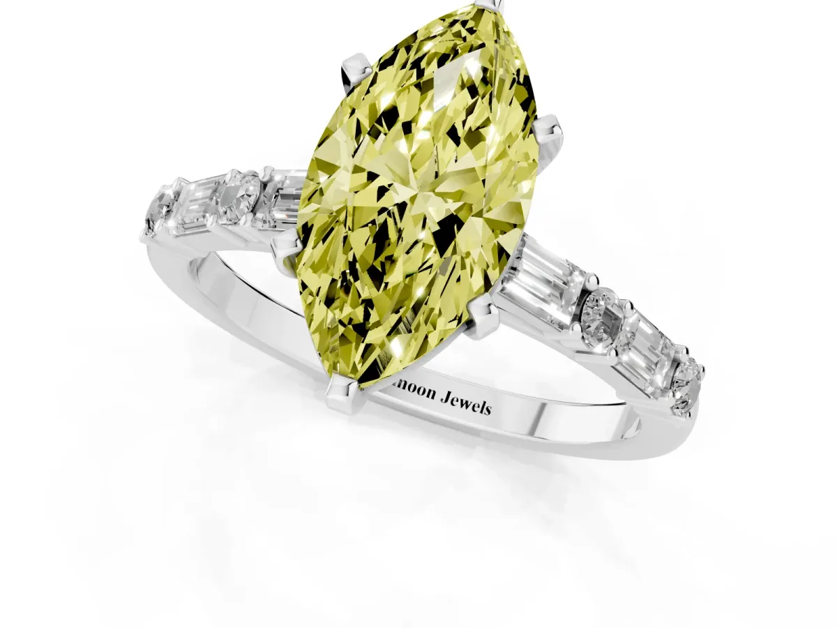 Fancy Yellow Marquise Cut Diamond Solitaire with Side Baguettes and Channel Set Band Platinum