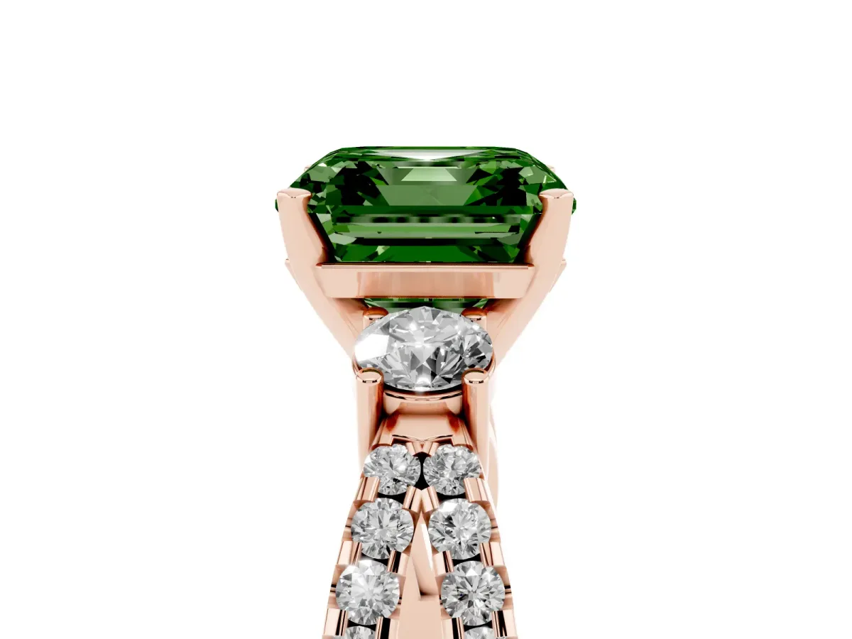 Fancy Green Asscher Cut Diamond Three-Stone Ring with Pavé Split Shank and Four-Prong Setting Rose gold