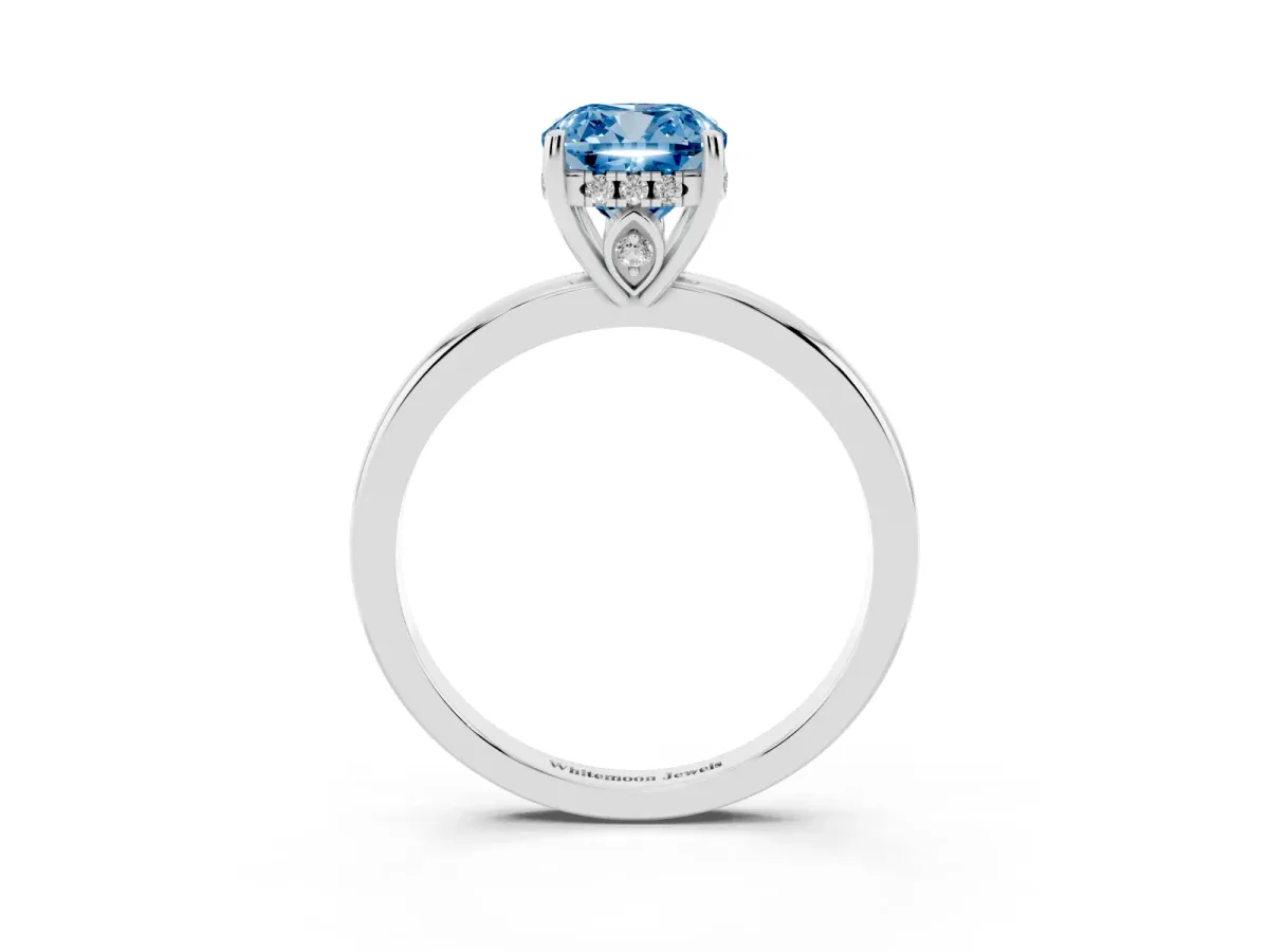 Fancy Blue Cushion Cut Solitaire Diamond Ring with Prong Setting and Plain Band Silver