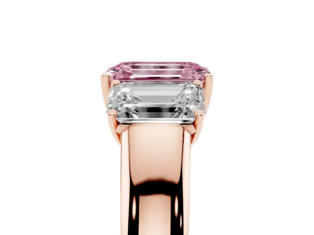 Fancy Pink Three-Stone Emerald Cut Cut Diamond Ring with Prong Setting and Classic Band Rose gold