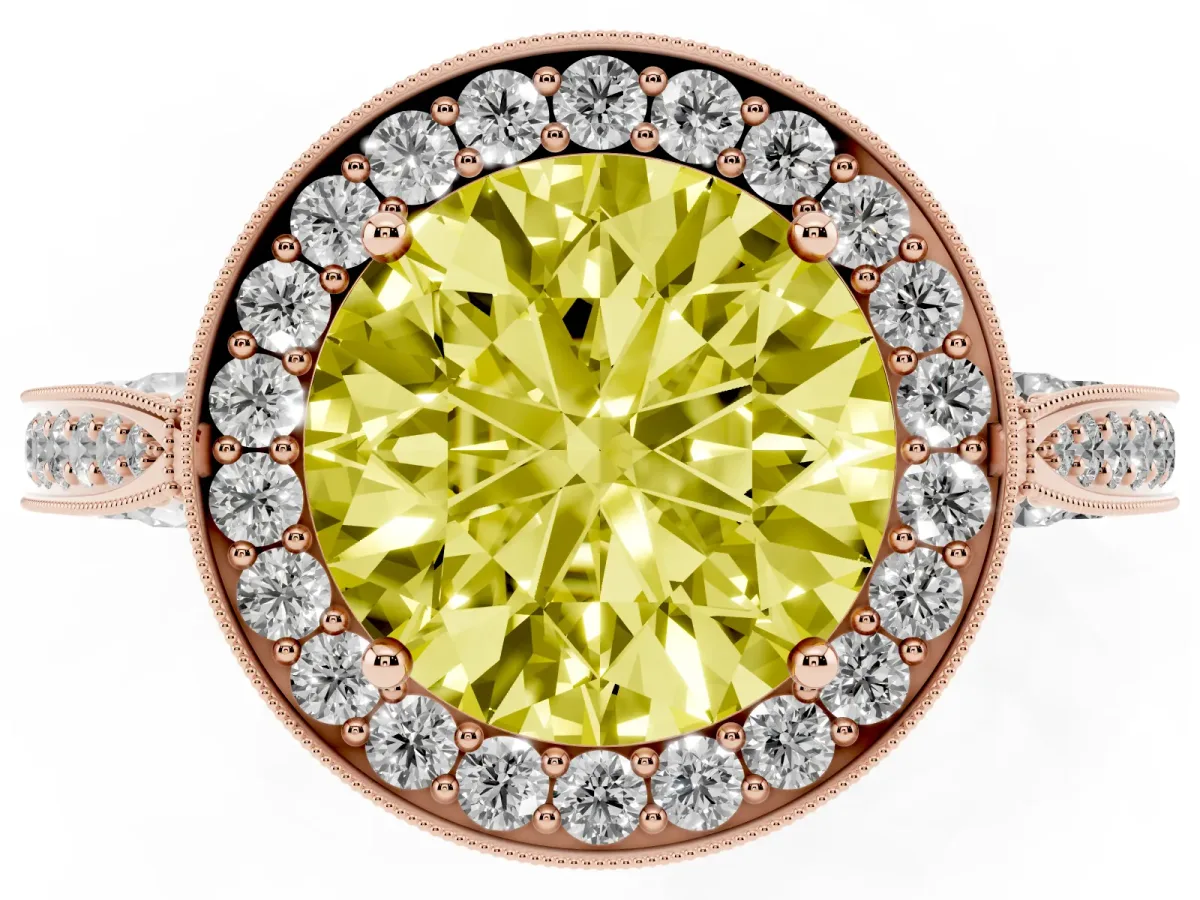 Fancy Yellow Round Cut Halo Diamond Engagement Ring with Split Shank Band and Four-Prong Setting Rose gold