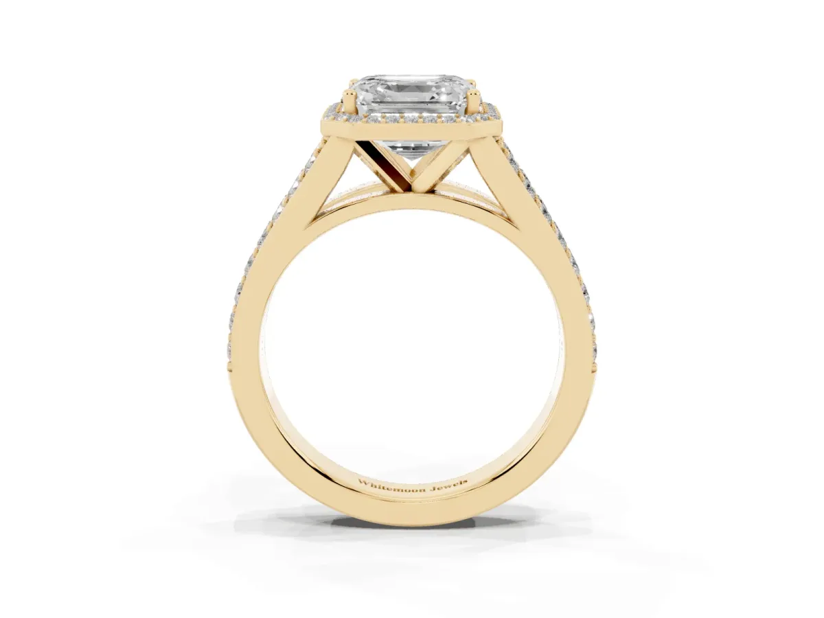Asscher Cut Diamond Split Shank Halo Ring with Four-Prong Setting Yellow gold