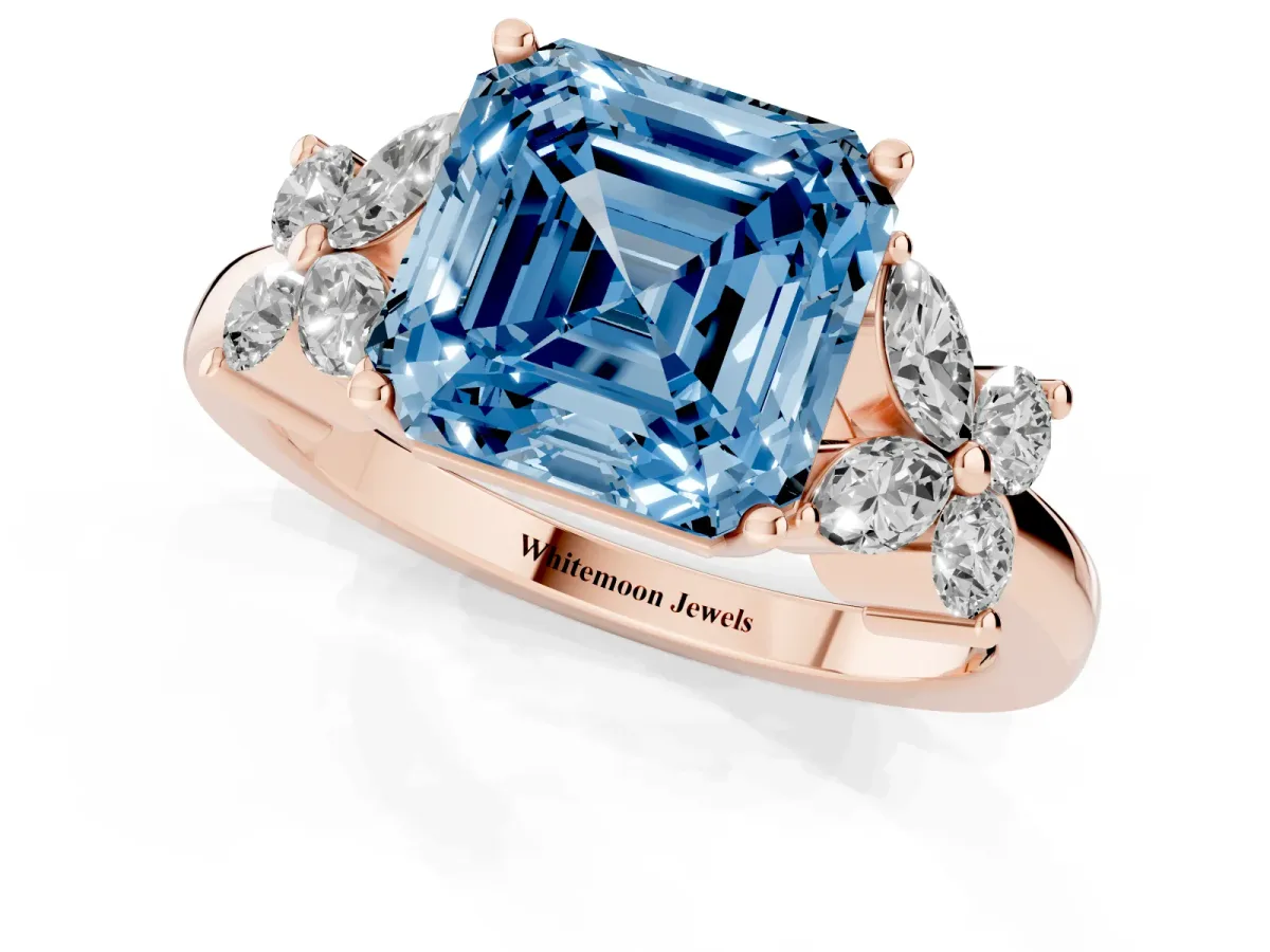Fancy Blue Asscher Cut Diamond Floral Cluster Ring with Solitaire Band and Prong Setting Rose gold
