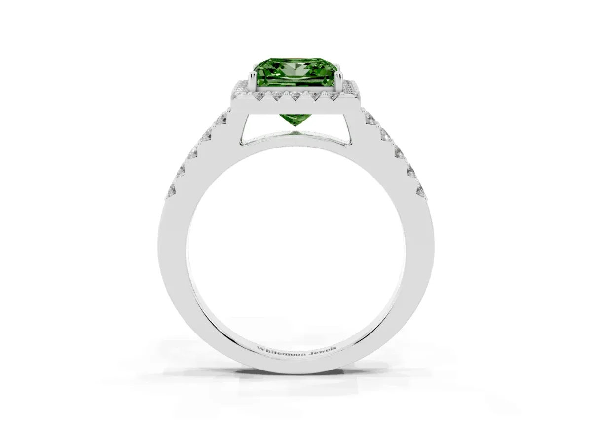 Fancy Green Princess Cut Halo Diamond Pavé Solitaire Ring Platinum