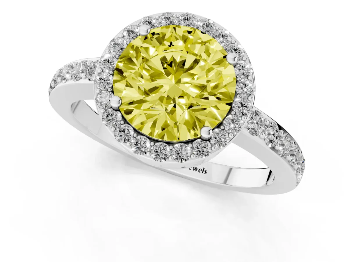 Fancy Yellow Round Cut Halo Diamond Pavé Band Ring with Prong Setting Silver