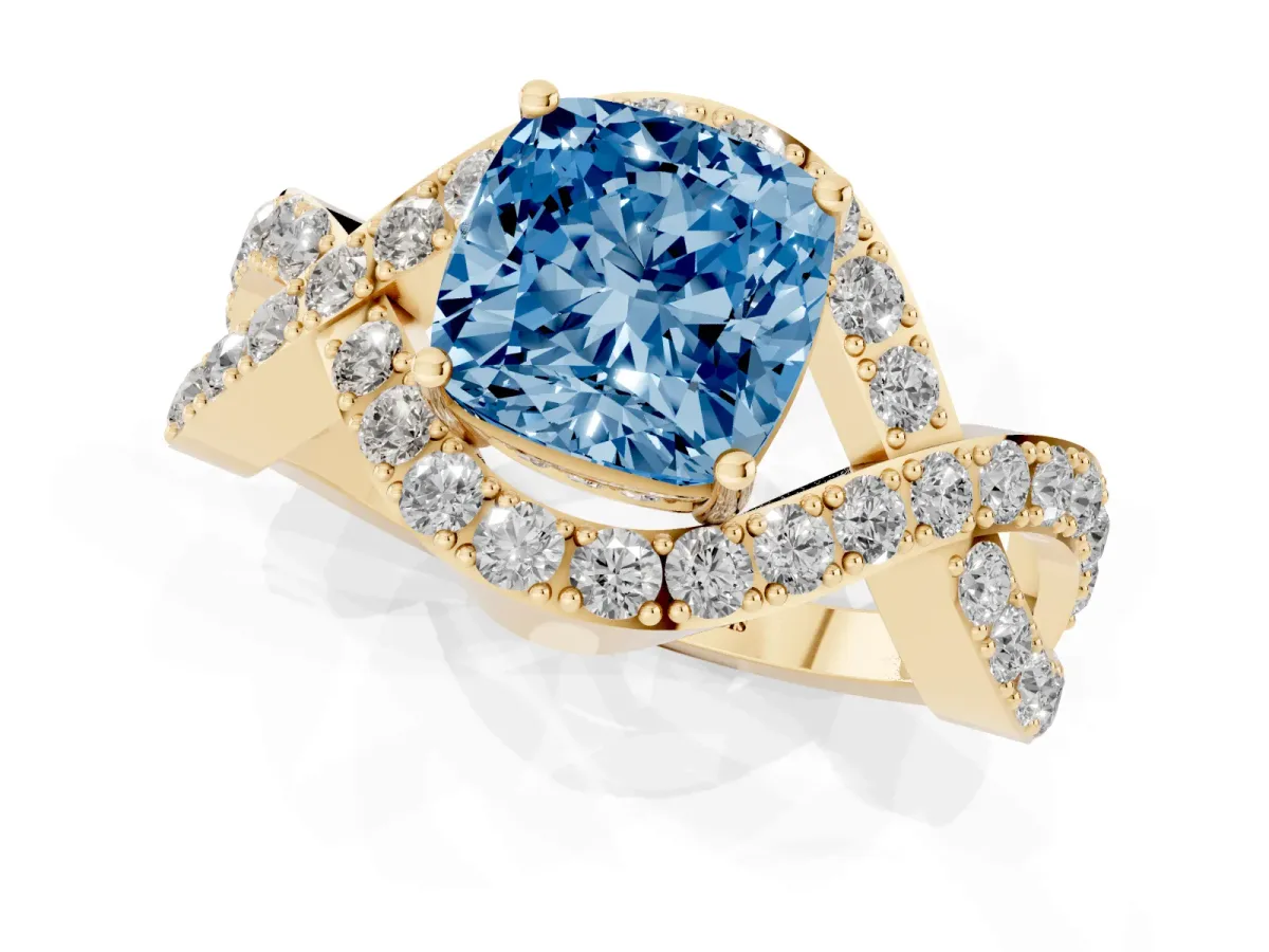 Fancy Blue Cushion Cut Solitaire Twist Band Pavé Diamond Engagement Ring Yellow gold